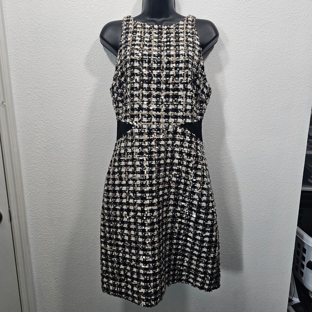 Derek Lam 10 Crosby Sequin Plaid Tweed Sleeveless Dress Black White 6